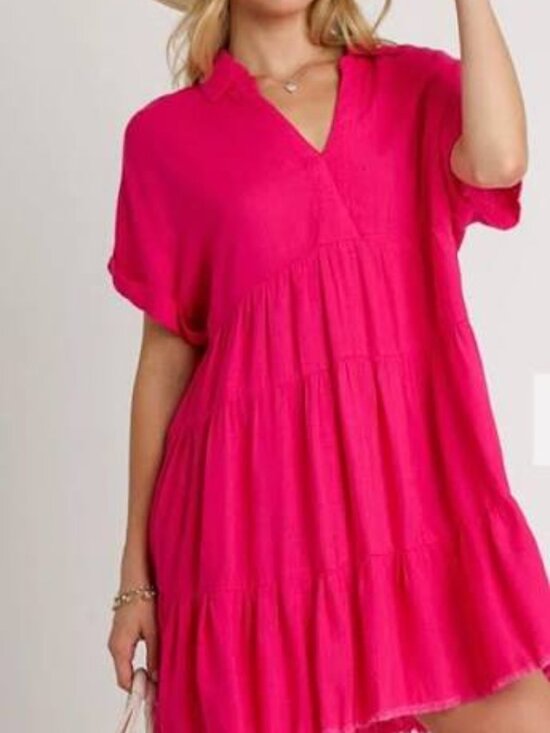 Umgee Dresses & Skirts - Umgee V-Neck Collared Ruffle Fuchsia Short Sleeve Tiered Tunic Dress Size S Boho